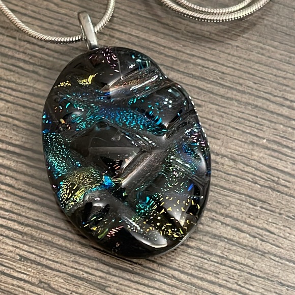 Dichroic Glass Quilted Glass Pendant & Chain - Picture 2 of 15